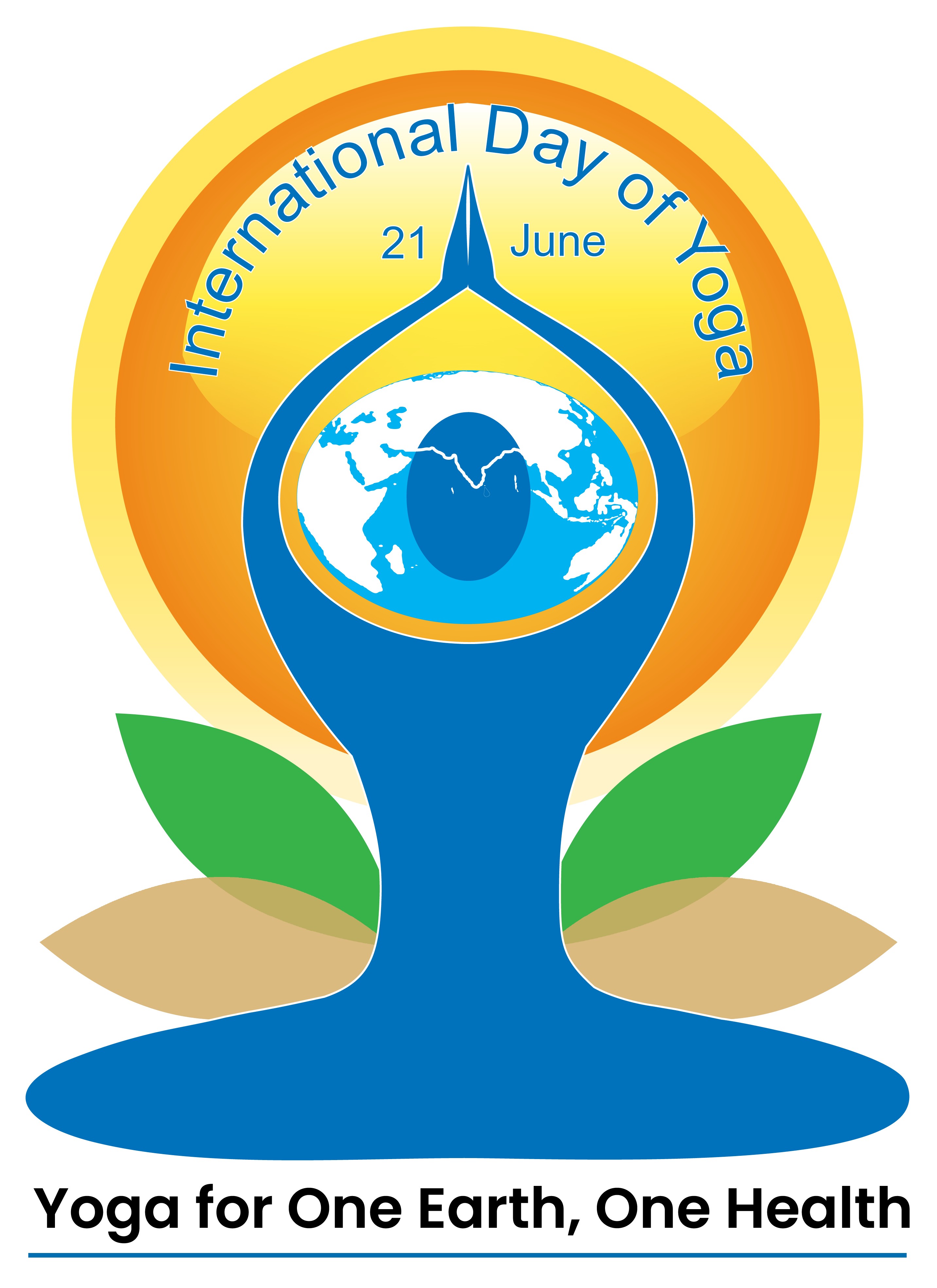 Logo of International Day of Yoga showing a human form seated cross-legged and hands folded on top of the head