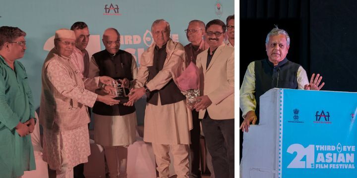 Photo on the left is from award presentation in the presence of 6-7 delegates, photo on the right shows Shri Anil Zankar at the podium